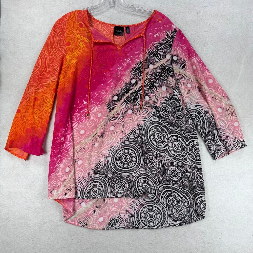 Rafaella Womens Large Abstract Geometric Print Tunic Top Pink Orange 3/4 Sleeve